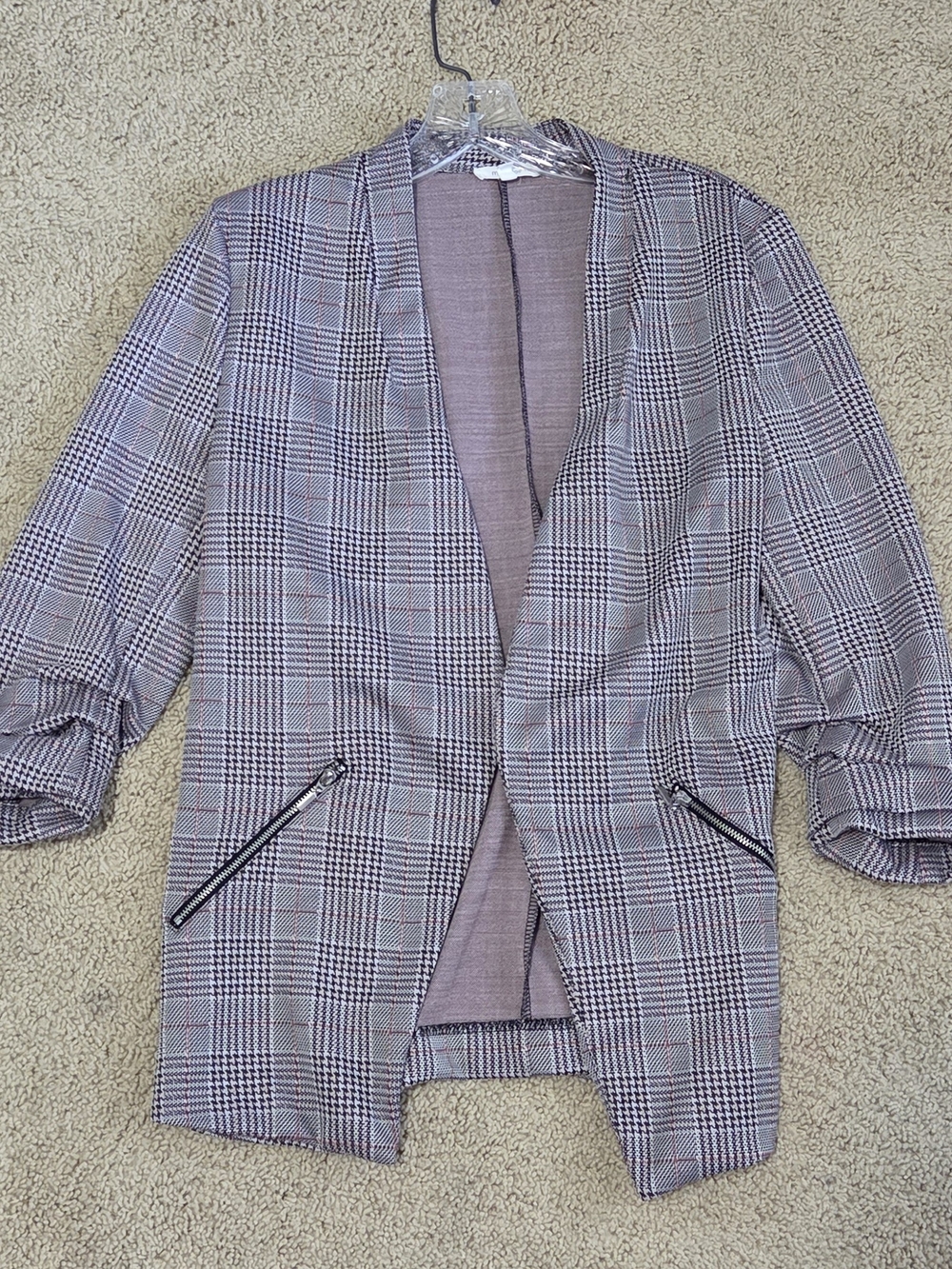 Maurices Grey Plaid Open-Front Blazer with Pink Accents